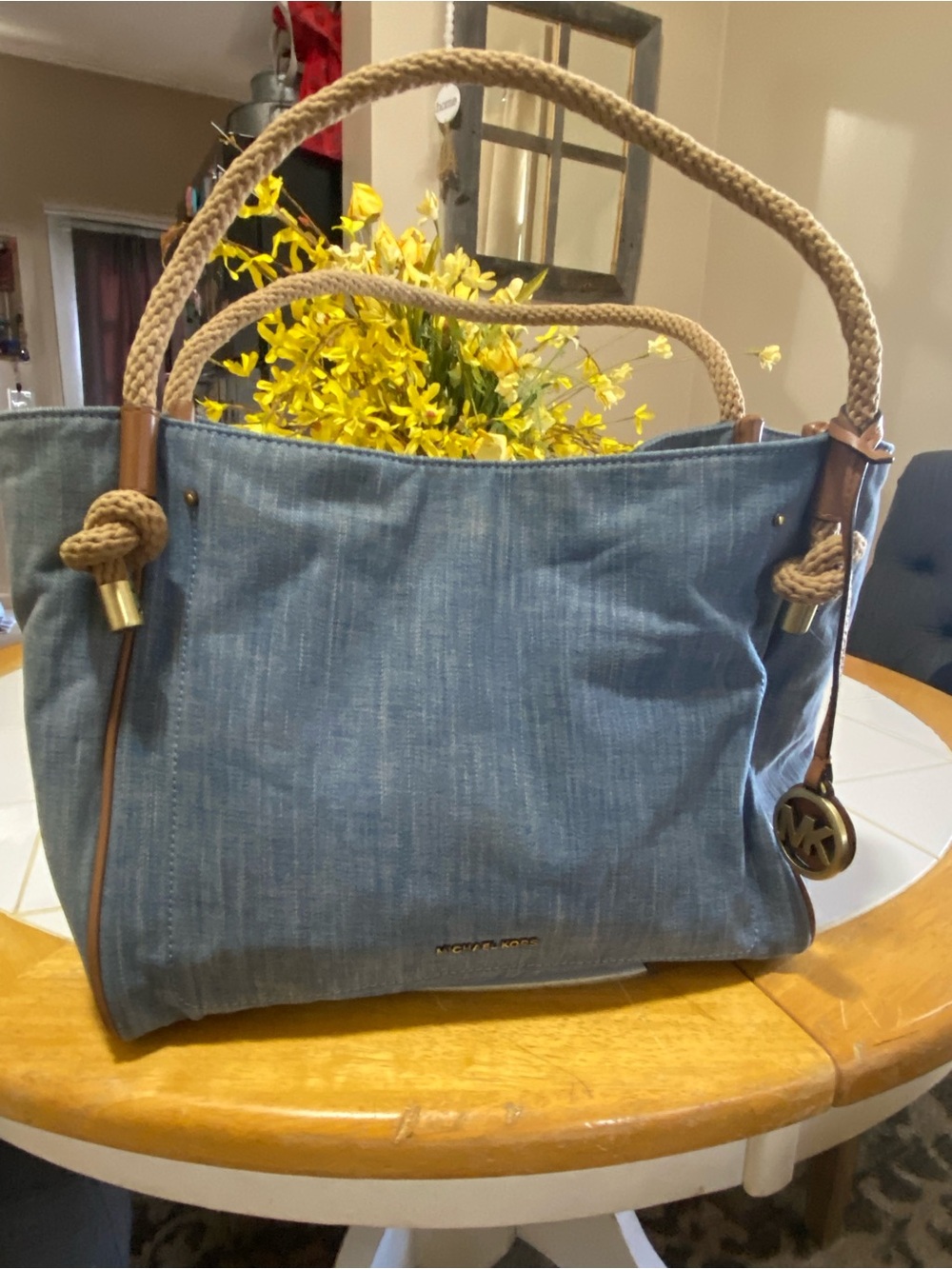 Michael Kors Blue Denim Canvas Tote Purse with Rope Handles